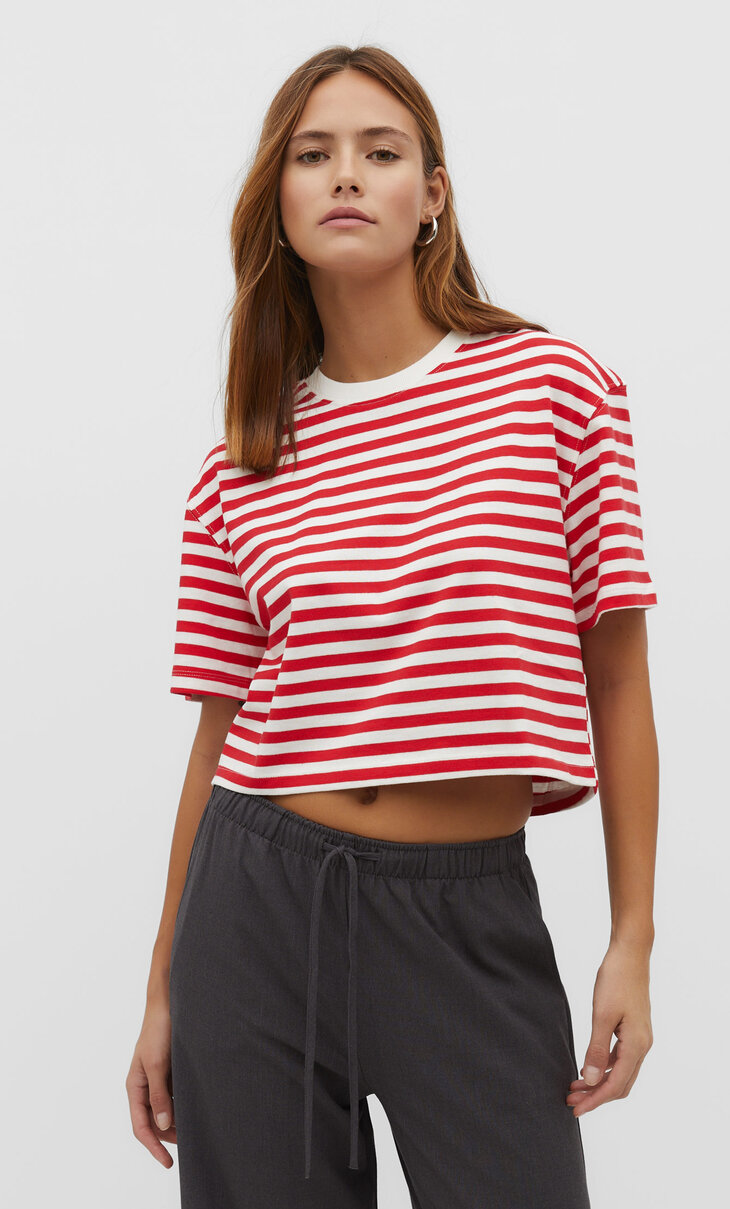 Cropped cotton T-shirt with stripes