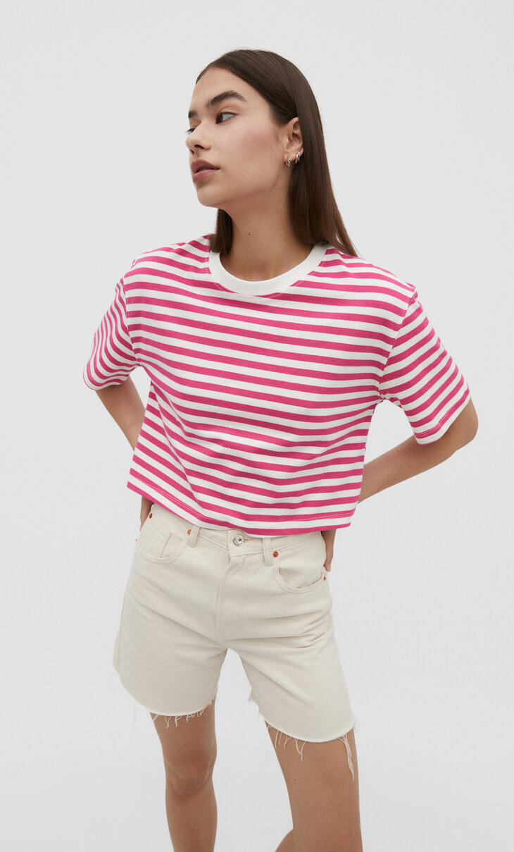 Cropped cotton T-shirt with stripes