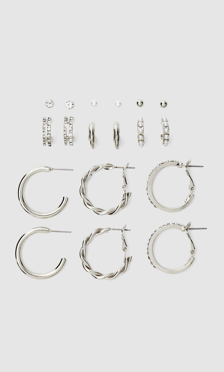 Set of 9 rhinestone and pearl bead hoop earrings