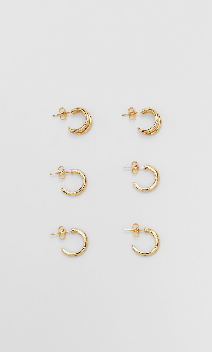 Set of 3 pairs of plain hoop earrings. Gold/Silver plated.