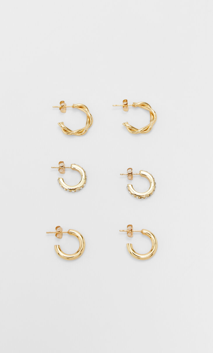 Set of 3 pairs of rhinestone hoop earrings. Gold/Silver plated.