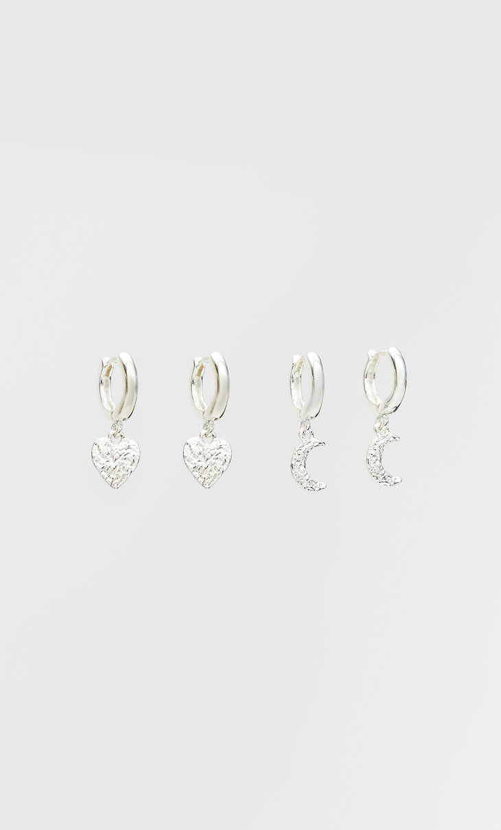 Set of 2 pairs of moon and heart hoop earrings. Gold/Silver plated.