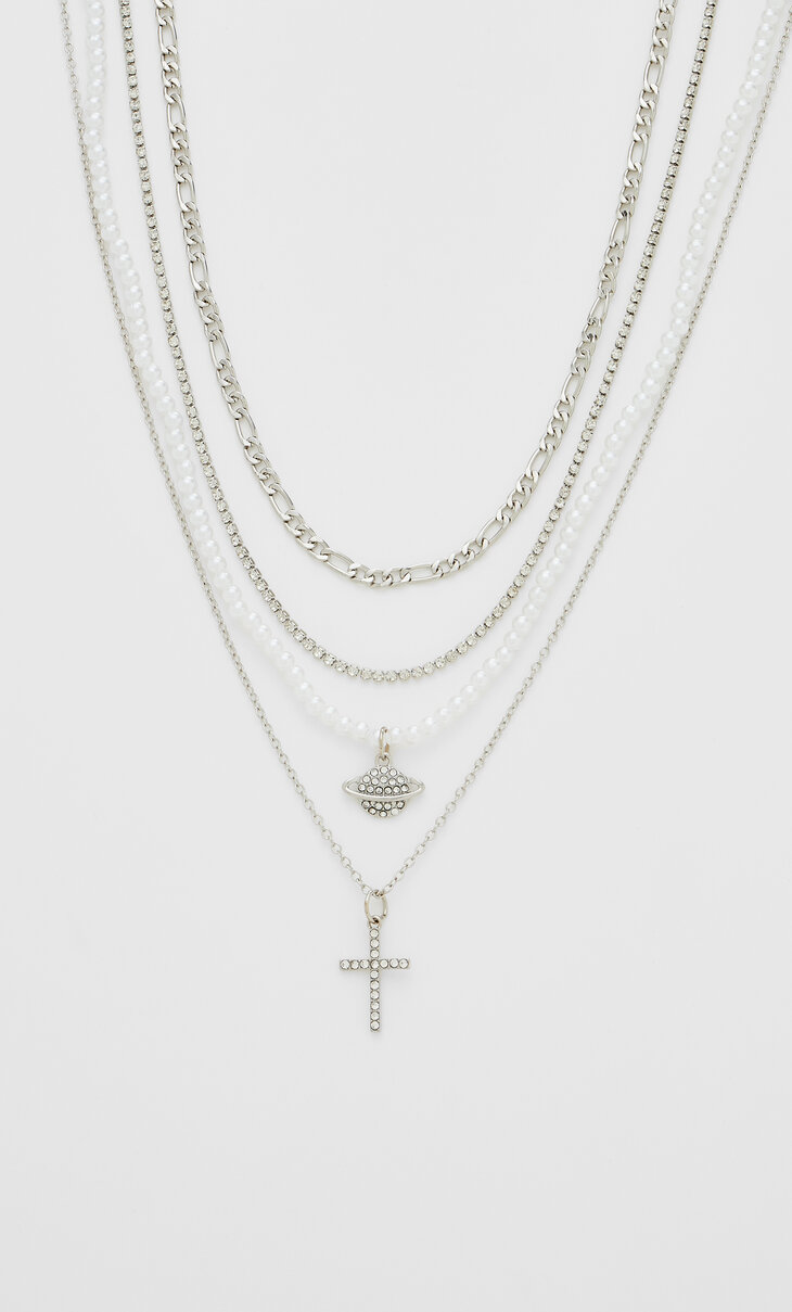 Set of 4 rhinestone cross and planet necklaces