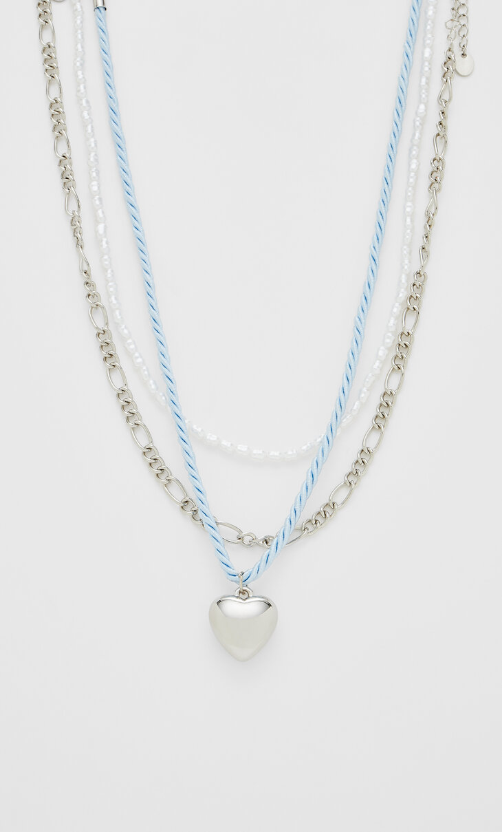3er-Set Halsketten mit Kordel, Herz und Perlen