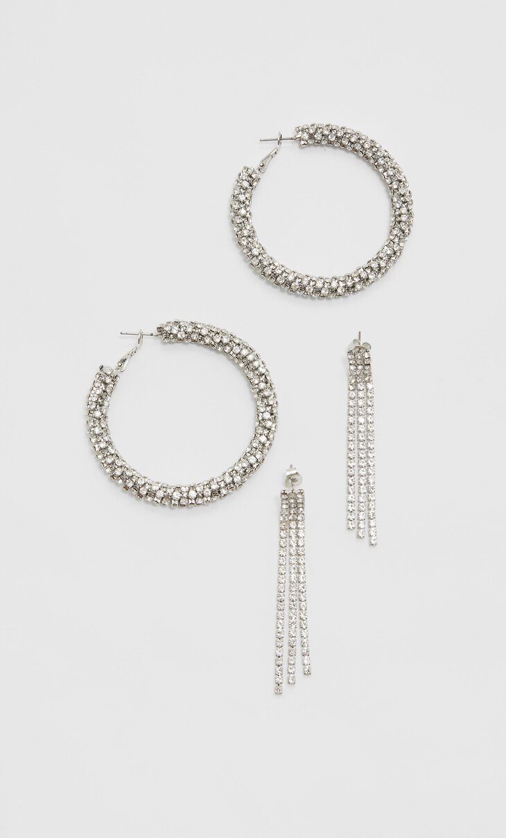 Set of 2 hoop and rhinestone earrings