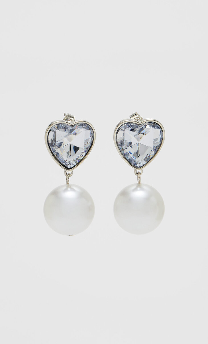Heart and faux pearl rhinestone earrings