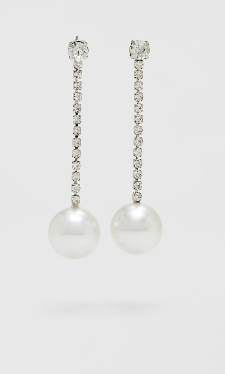 Rhinestone and faux pearl chain earrings