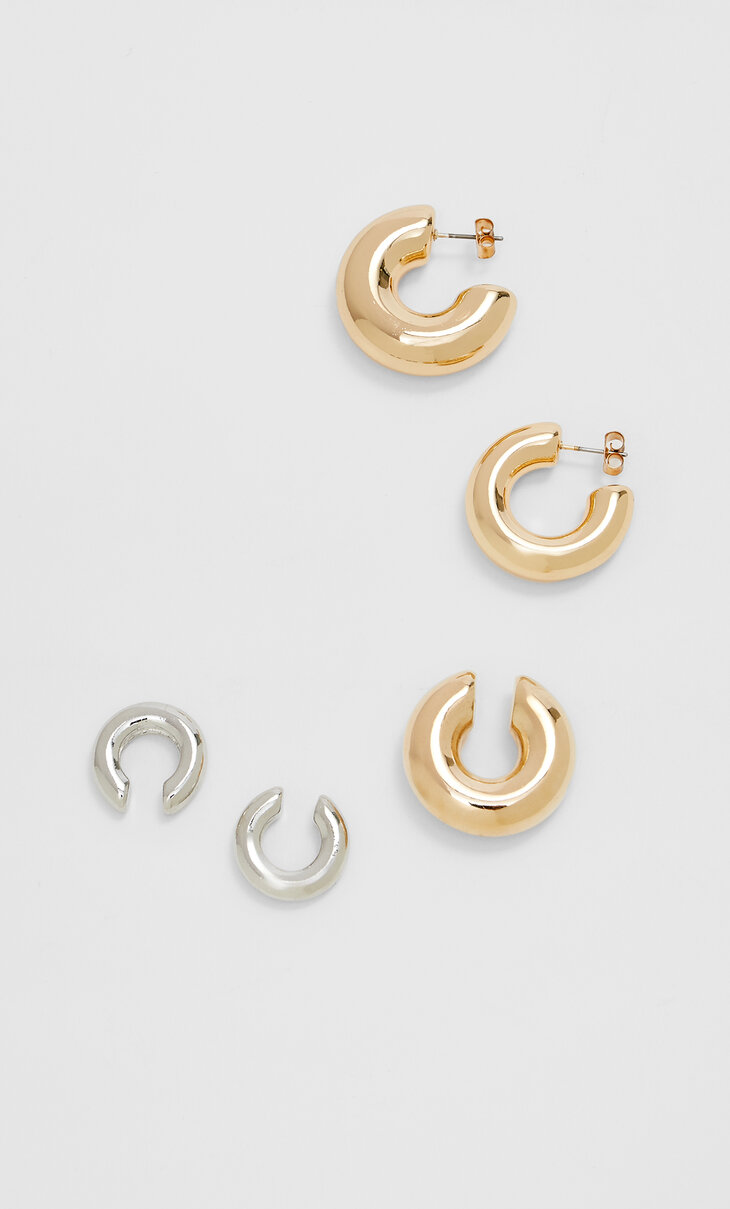 Set of mismatched hoop earrings and ear cuff