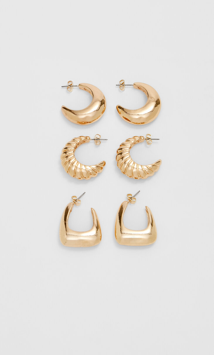 Set of 3 pairs of textured hoops earrings