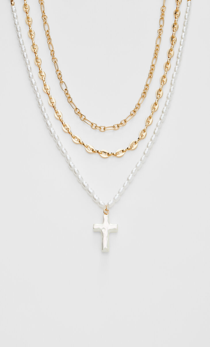 Súprava 3 náhrdelníkov s krížikom a falošnými perlami