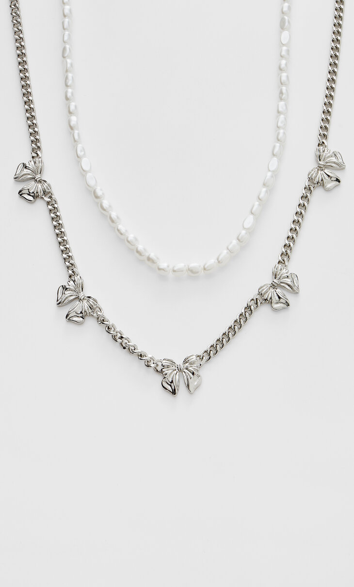 Súprava 2 náhrdelníkov s mašličkou a falošnými perlami