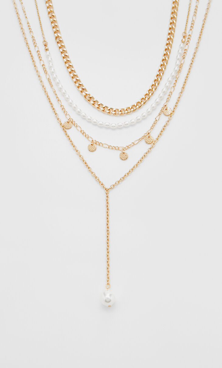 Súprava 4 náhrdelníkov z lasa a s falošnými perlami