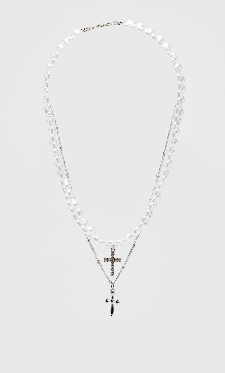 Súprava 2 náhrdelníkov s falošnou perlou a krížikom