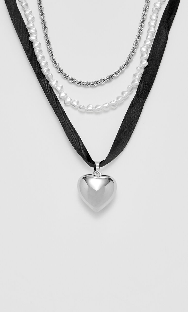 3er-Set Halsketten mit Herz und Perle
