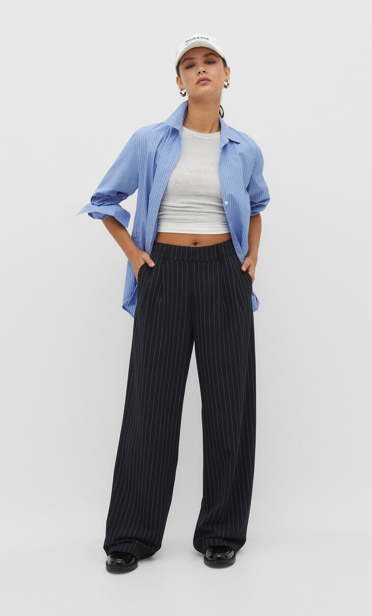 Striped smart trousers with an adjustable waistband