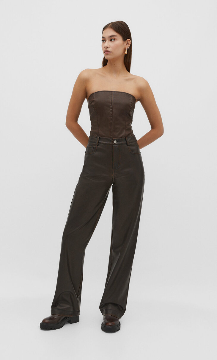 Wide-leg faded leather effect trousers