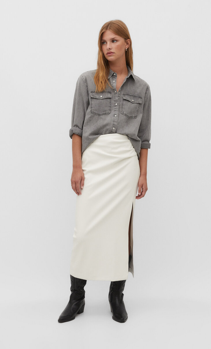 Leather effect midi skirt with gathering