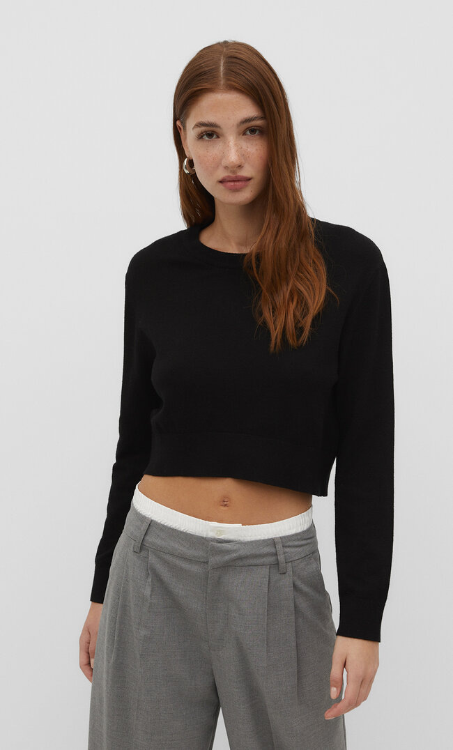

Stradivarius Basic-Cropped-Pullover mit Rundausschnitt Schwarz XL