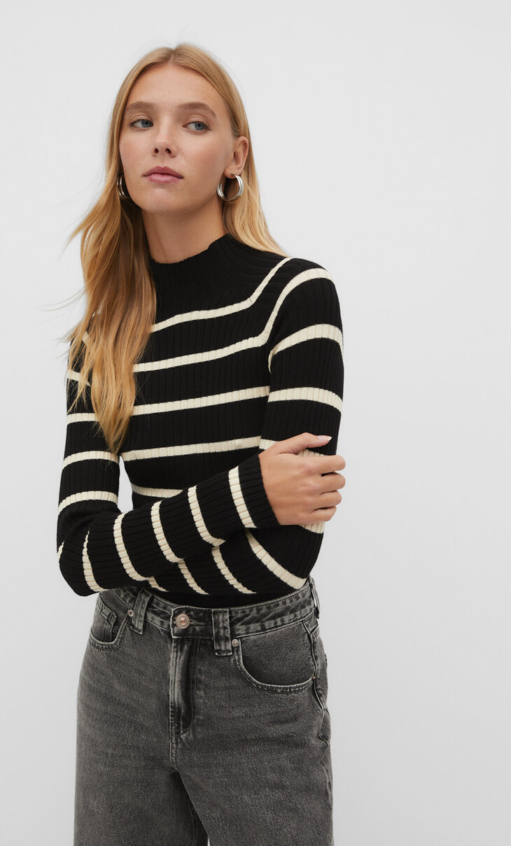 Ribbed striped mock turtleneck knit jumper