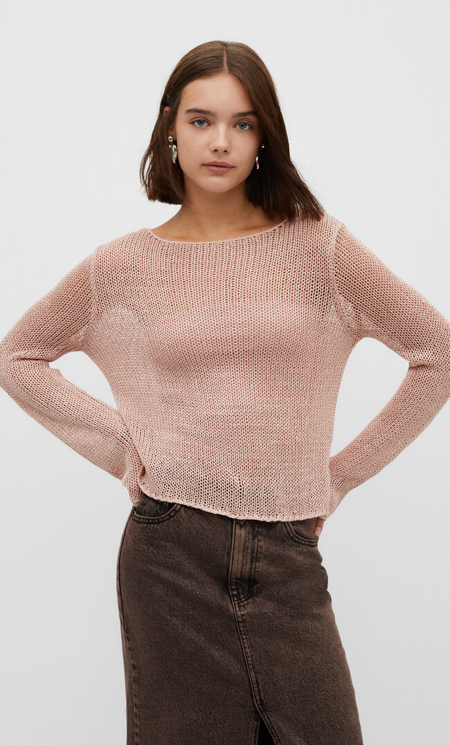 

Stradivarius Sweter basic z siateczkowej dzianiny Cielisty róż XL