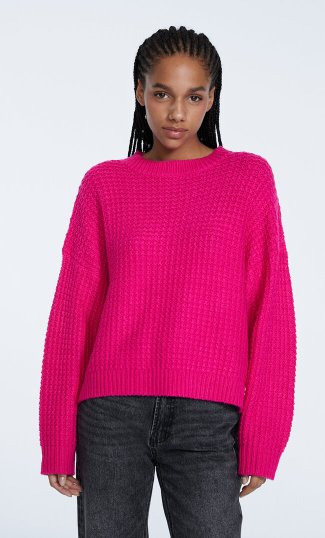

Stradivarius Basic-Pullover mit Strukturmuster Fuchsia L