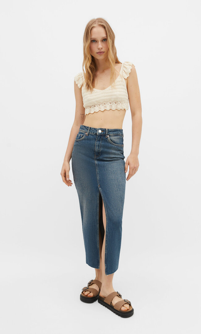 

Stradivarius Szydełkowy top z dzianiny Waniliowy L