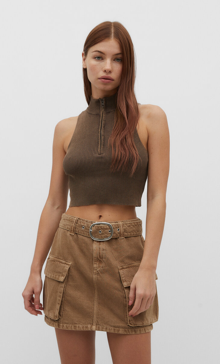 Faded-effect zipped knit top
