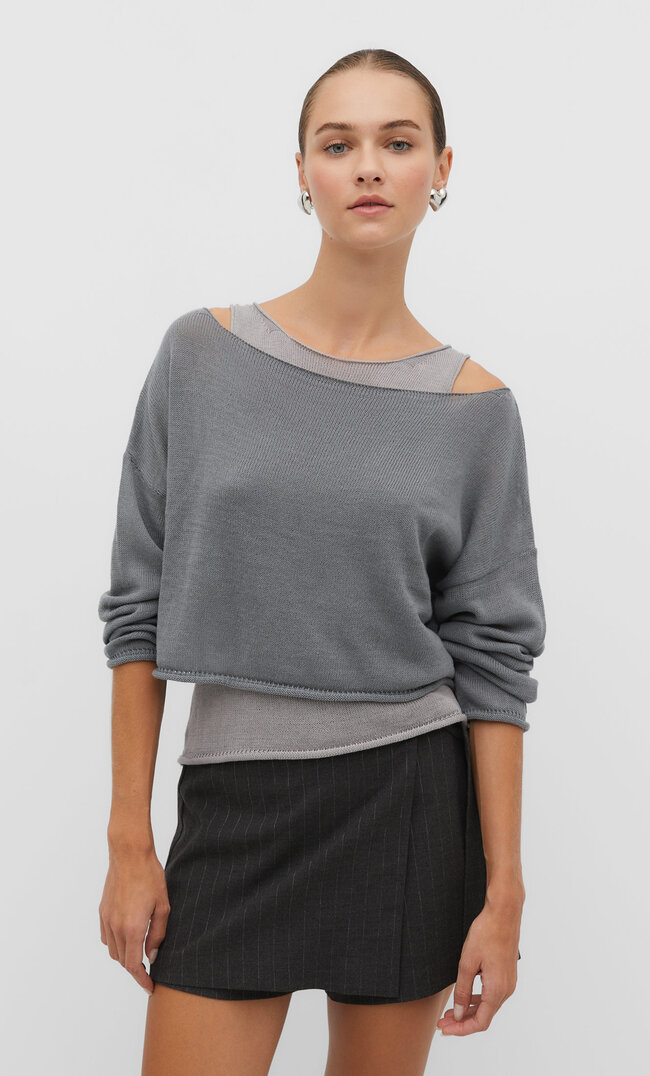 

Stradivarius Dwuwarstwowa bluzka z dzianiny Ciemnoszary XL