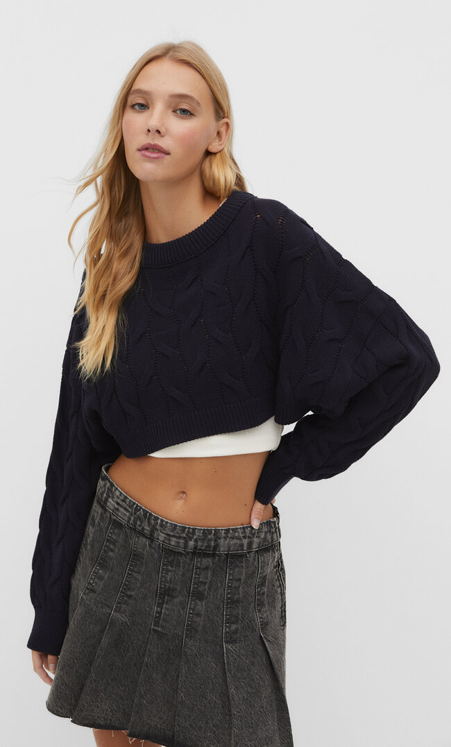 

Stradivarius Cropped-Strickpullover mit Zopfmuster Marineblau XL