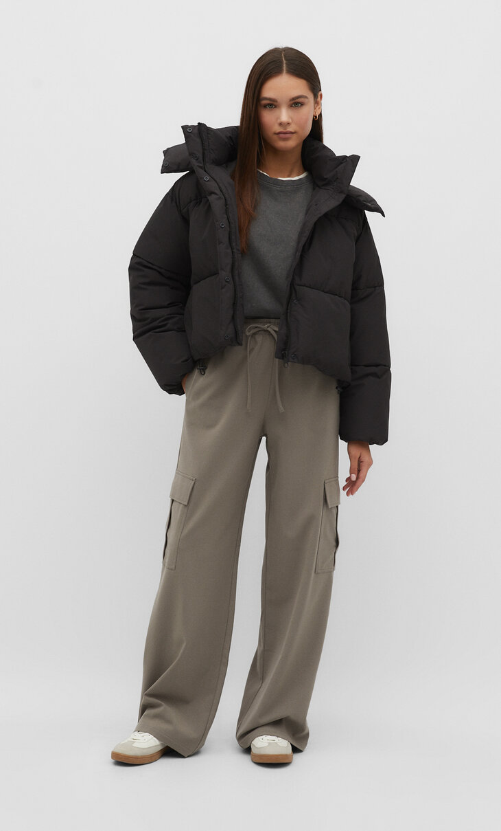 Asymmetric puffer jacket with hood