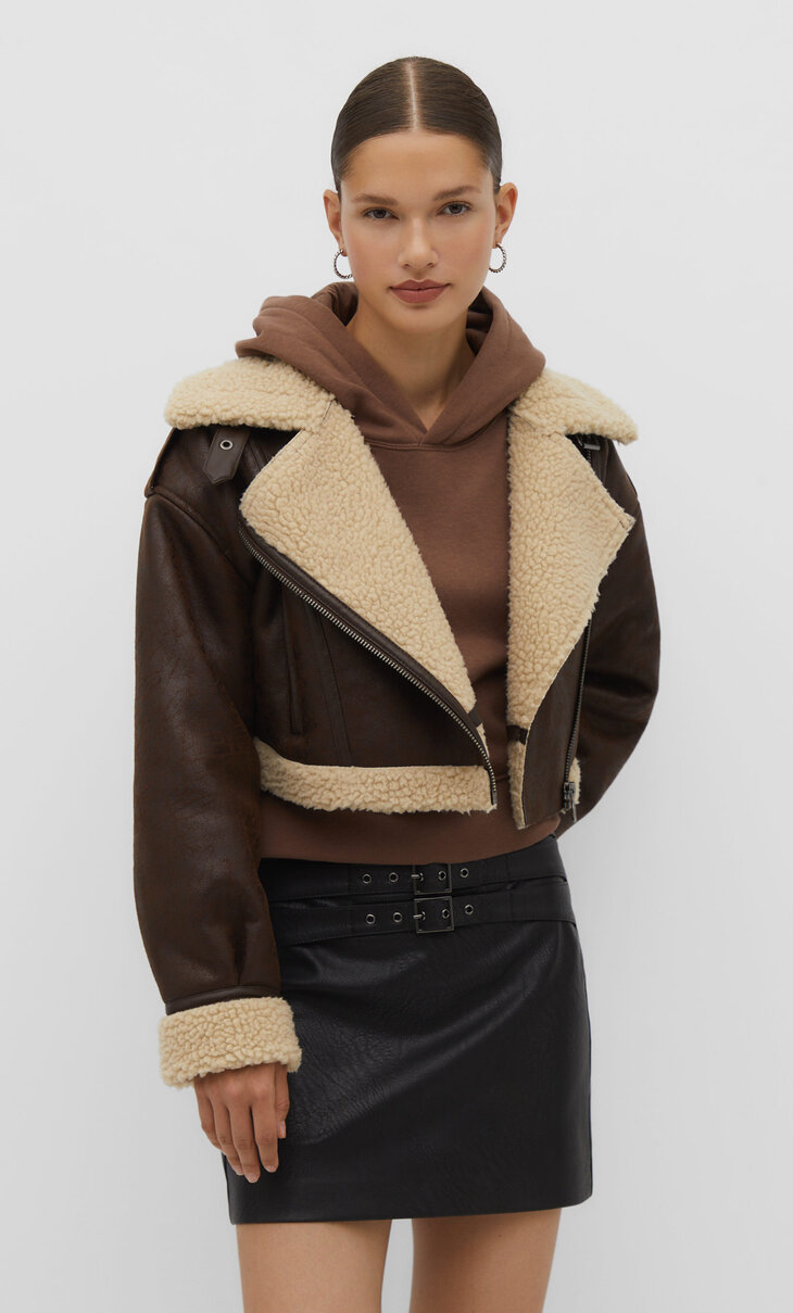 Suni yünlü crop biker ceket