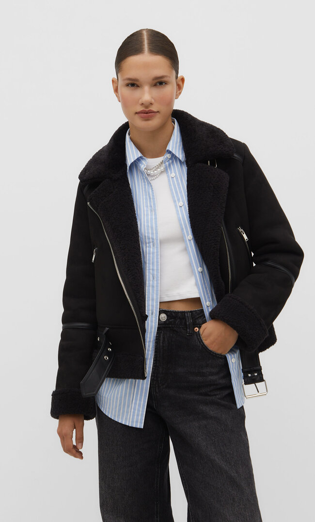 

Stradivarius Doubleface-Bikerjacke aus Wildlederimitat Schwarz XL