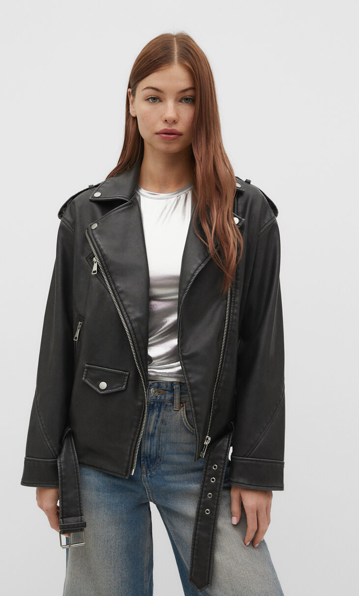 Long faux leather biker jacket