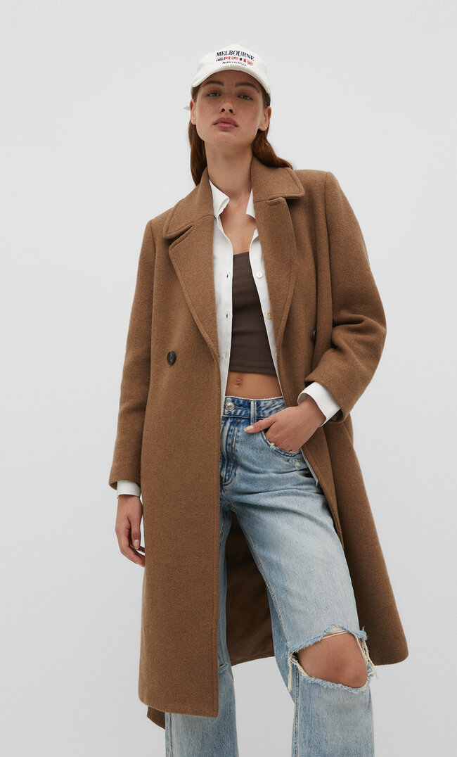 

Stradivarius Stoffmantel mit Gürtel Beige S
