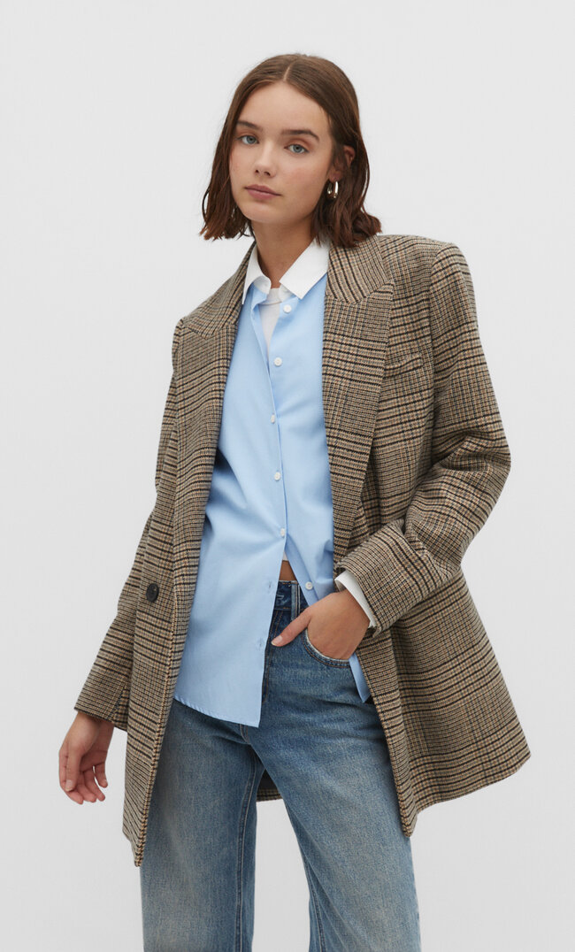Stradivarius Langer Stoffblazer Beige XL