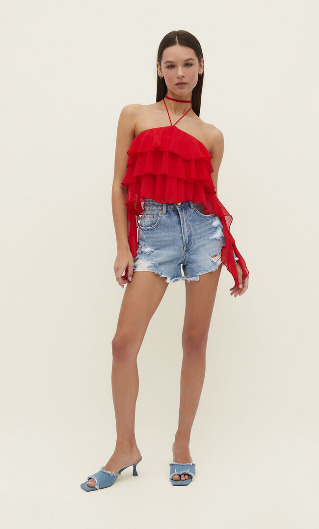 

Stradivarius Neckholder-Top mit Volant Rot M
