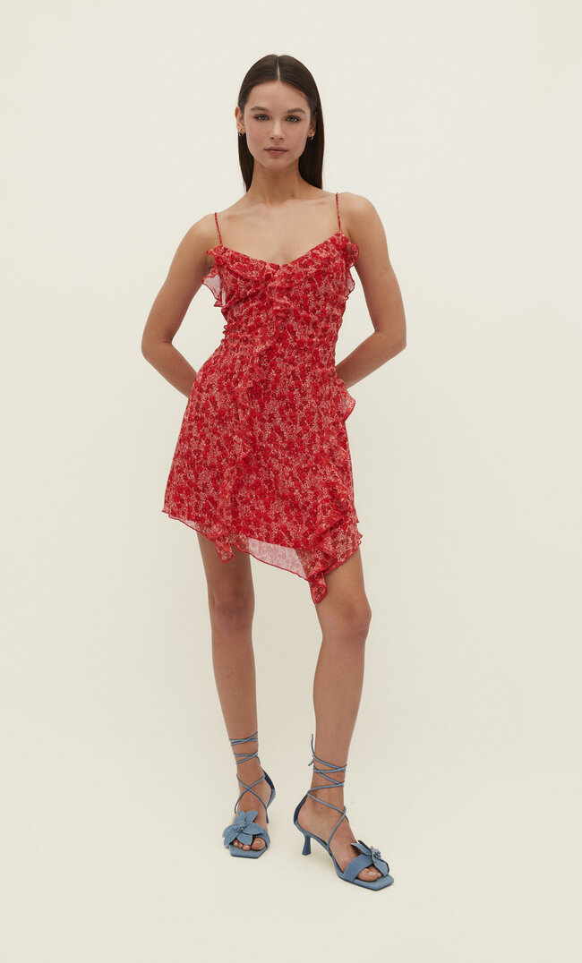 

Stradivarius Kurzes Kleid mit Volants und Print Rot M