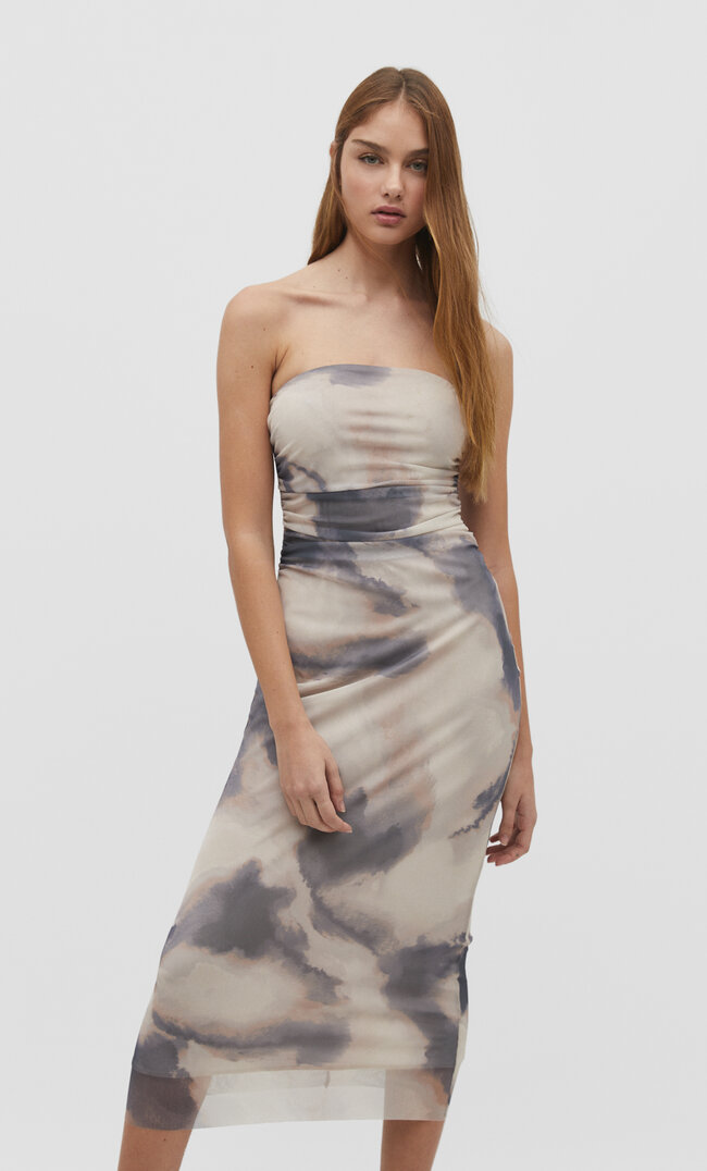 

Stradivarius Tüll-Midikleid mit Print Grau L
