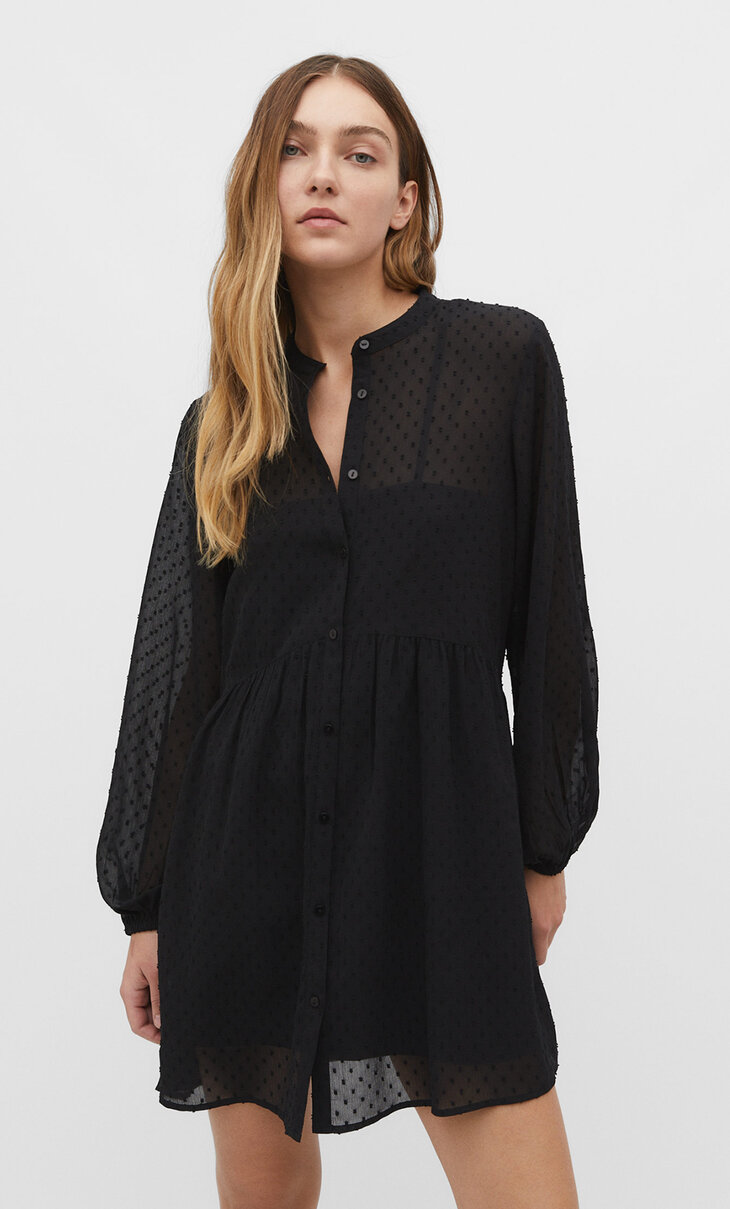 Short printed dress with a stand-up collar