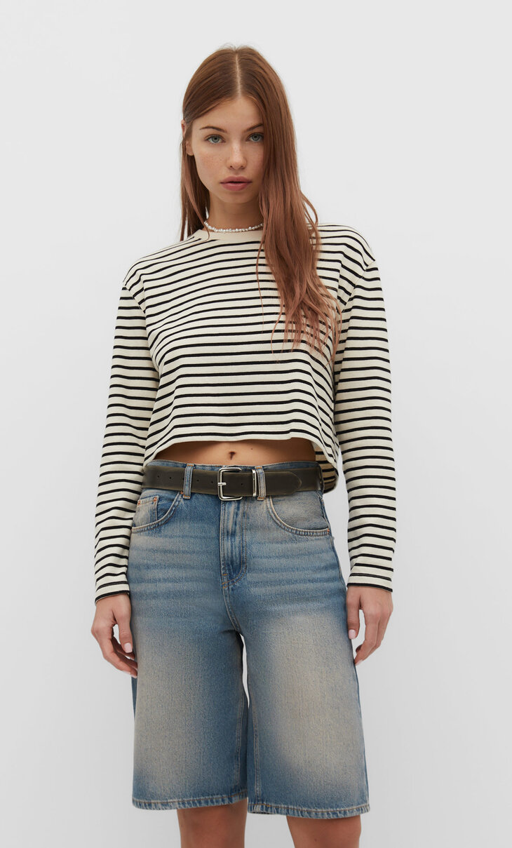 Cropped cotton T-shirt with stripes