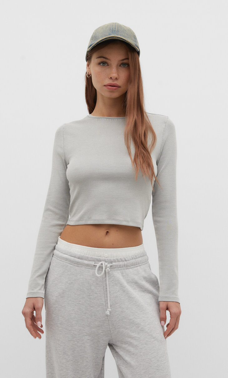 Faded-effect basic cropped cotton T-shirt