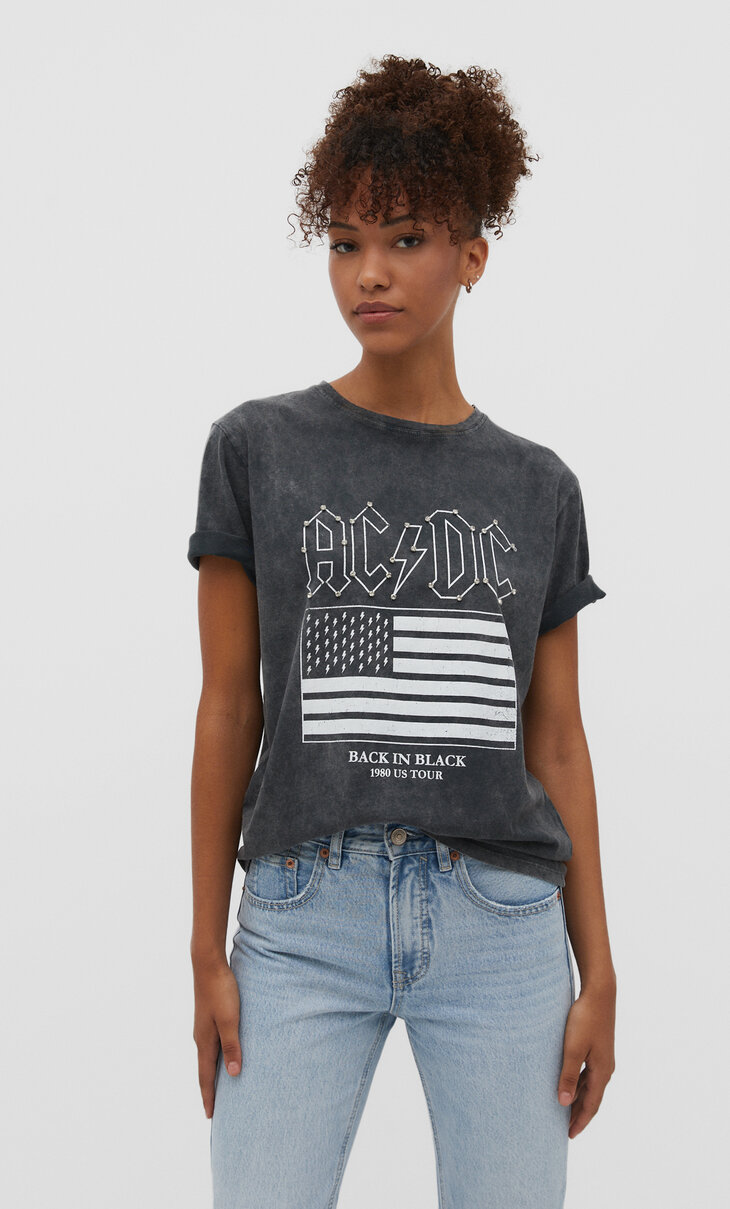 T-shirt met steentjes en ACDC-print