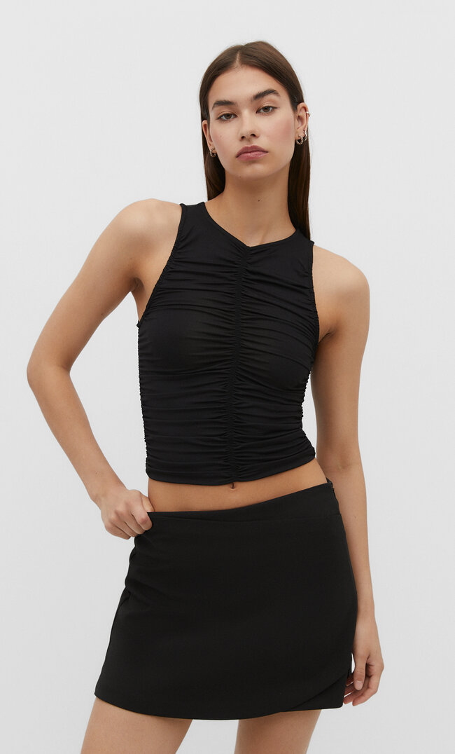 Stradivarius Shirt Gathering Schwarz M