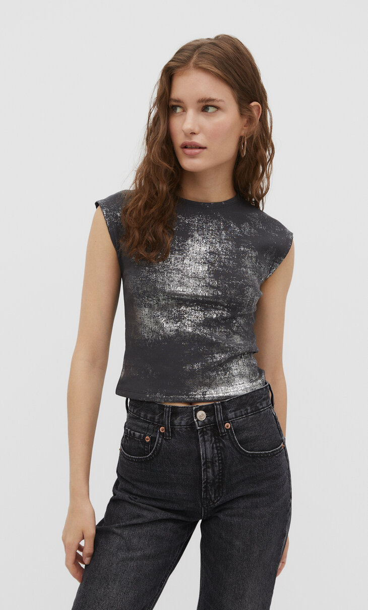 T-shirt with shimmery mini sleeves - Women's fashion | Stradivarius United Kingdom