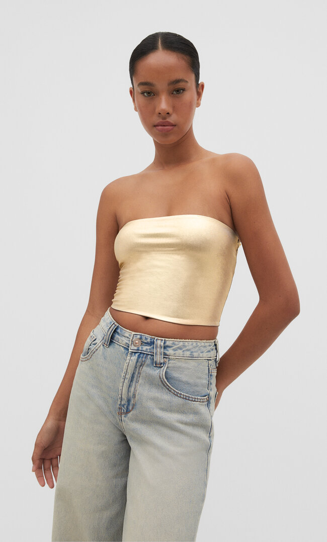 

Stradivarius Bandeau-Top mit Glitzer Goldfarben XL