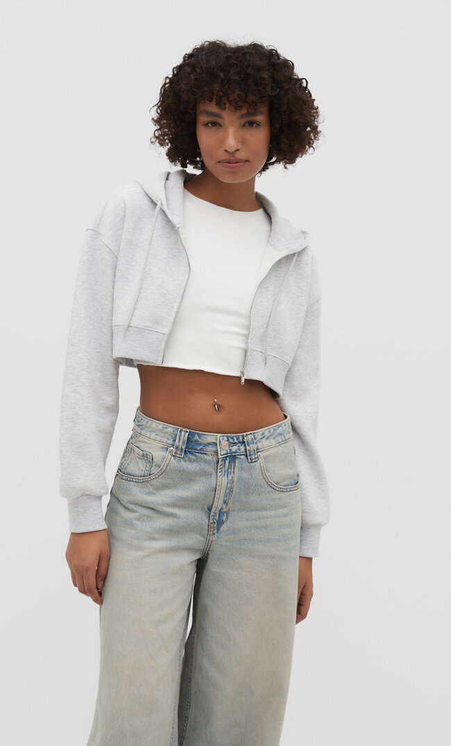 Stradivarius Cropped-Hoodie Grau Melange M