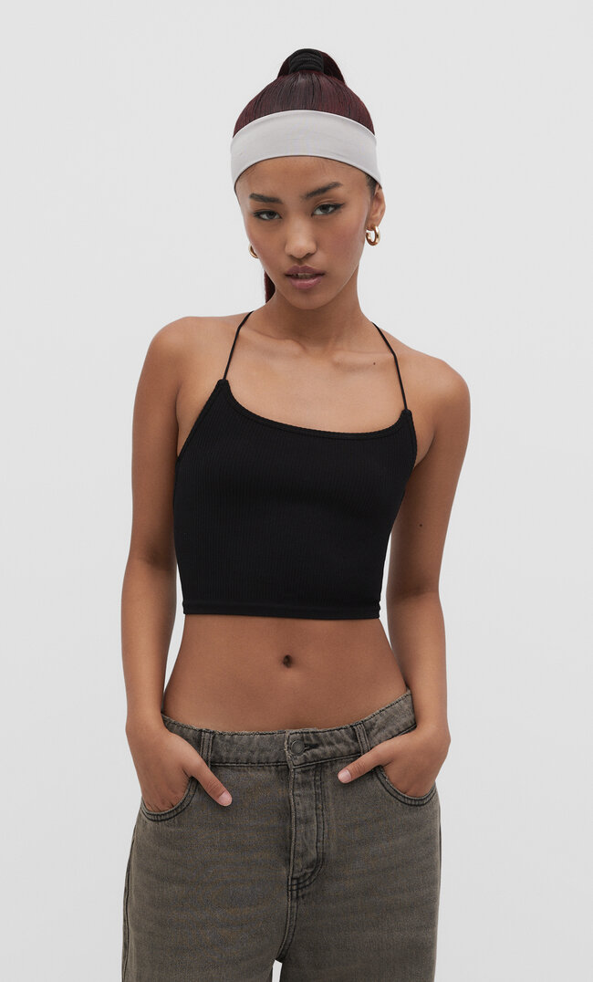 

Stradivarius Nahtloses Top mit modischem Rücken Schwarz XL