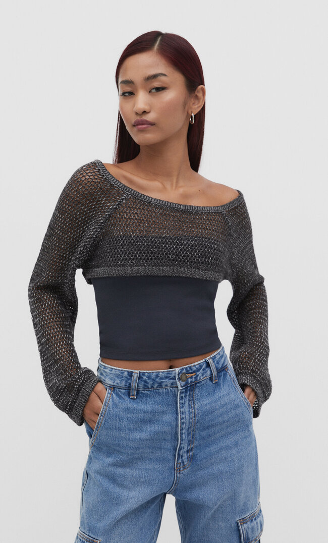 

Stradivarius Top basic z dekoltem bandeau Szary L