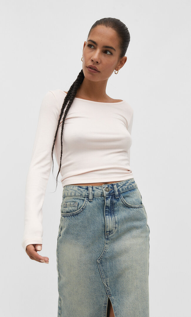 

Stradivarius Basic-Shirt mit Bateau-Ausschnitt Puderrosa XS