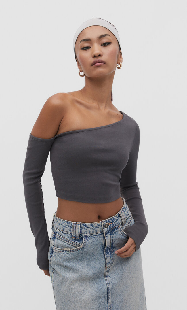 

Stradivarius Asymmetrisches Shirt mit langen Ärmeln Grau XL